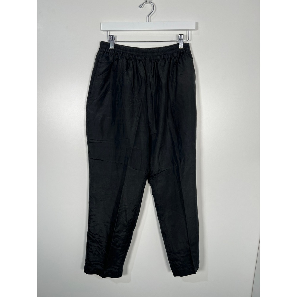 Vintage‎ 100% Silk Black Track Pants Elastic Waist High Rise Joggers Medium